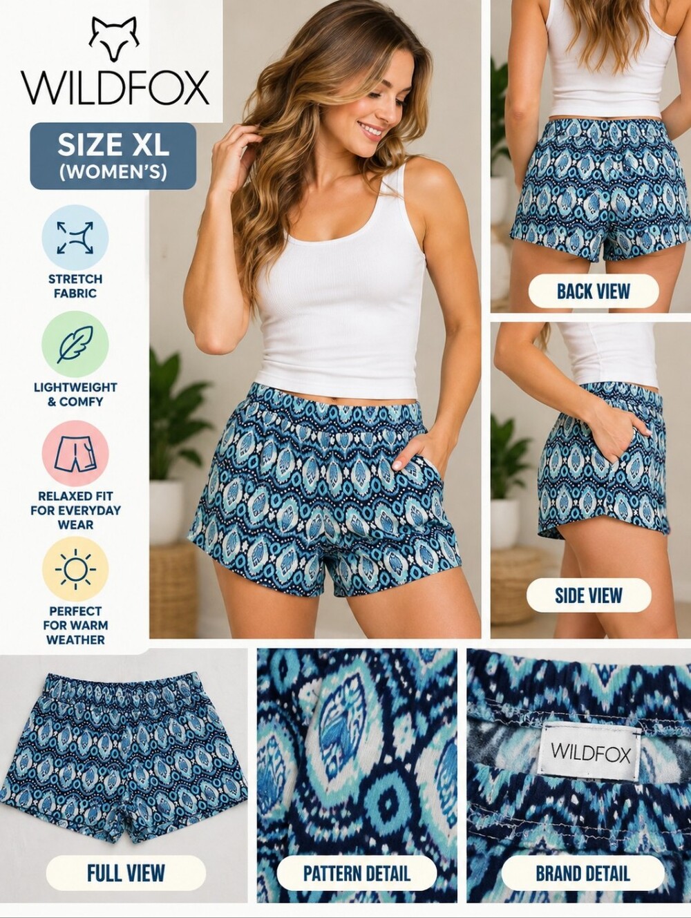 Wildfox Women's XL blue Patterned stretch shorts #36